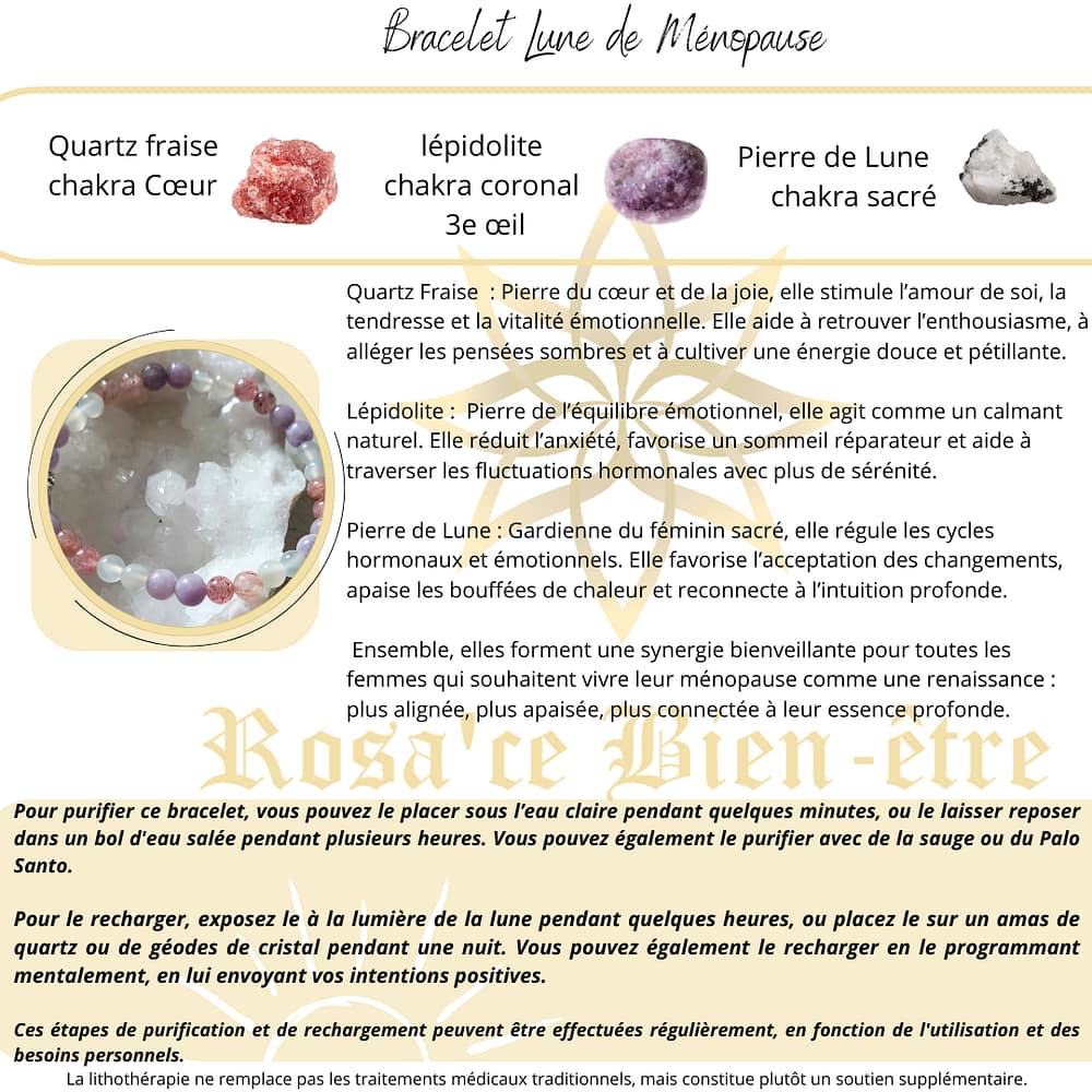 lune de ménopause -bracelet lune de ménopause - Synergie des pierres – Quartz Fraise, Pierre de Lune, Lépidolite bracelet lune de ménopause - Synergie des pierres – Quartz Fraise, Pierre de Lune, Lépidolite