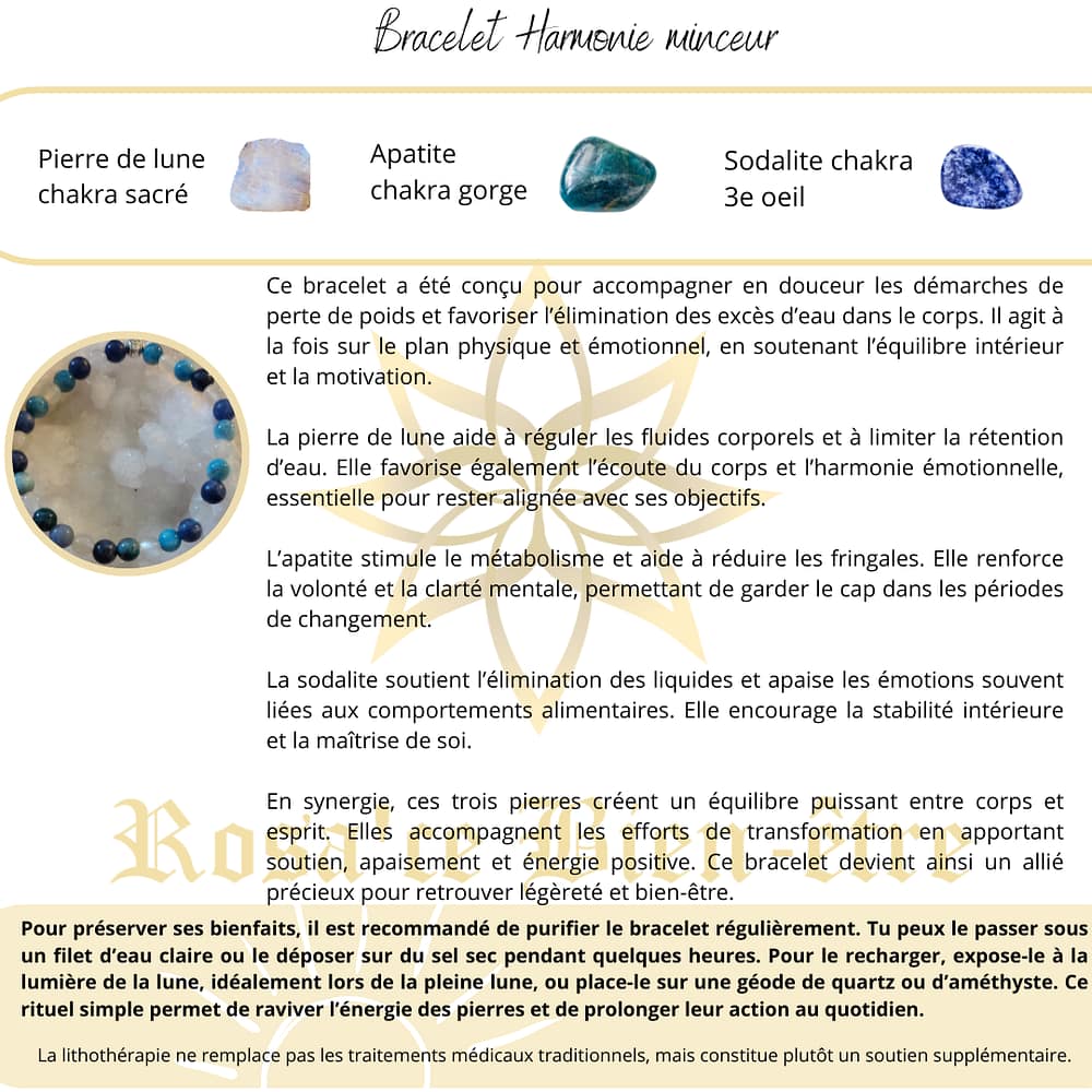 bracelet harmonie minceur "Découvrez le bracelet Harmonie Minceur, une synergie de pierres naturelles qui favorise l’équilibre émotionnel, stimule le métabolisme et accompagne votre démarche bien-être au quotidien." apatite, sodalite et pierre de lune