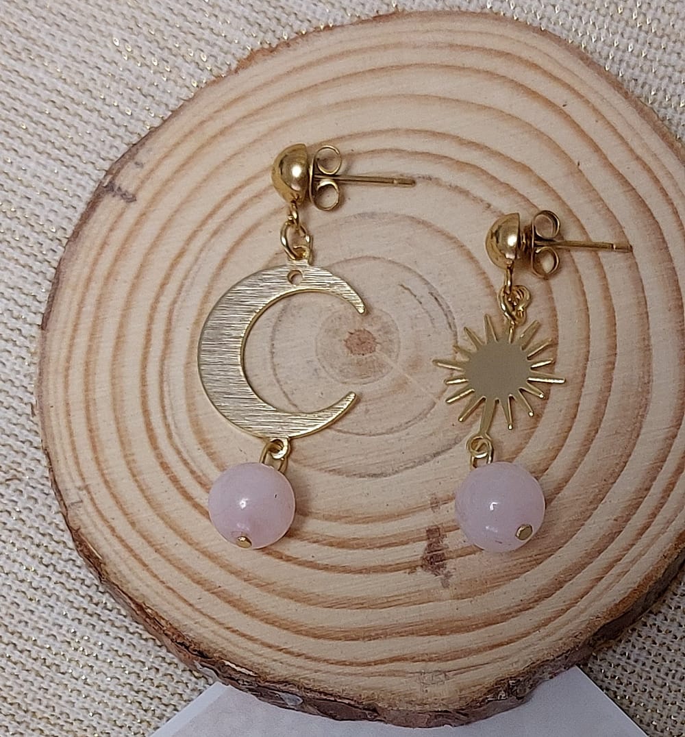 boucles d 'oreilles lune et soleil acier inoxydable doré quartz rose boucles d 'oreilles lune et soleil acier inoxydable doré quartz rose