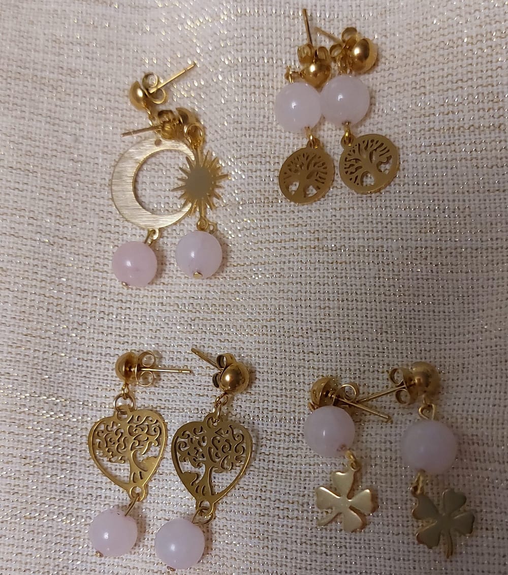 boucles d 'oreilles arbre de vie acier inoxydable doré quartz rose boucle acier inoxydable doré quartz rose