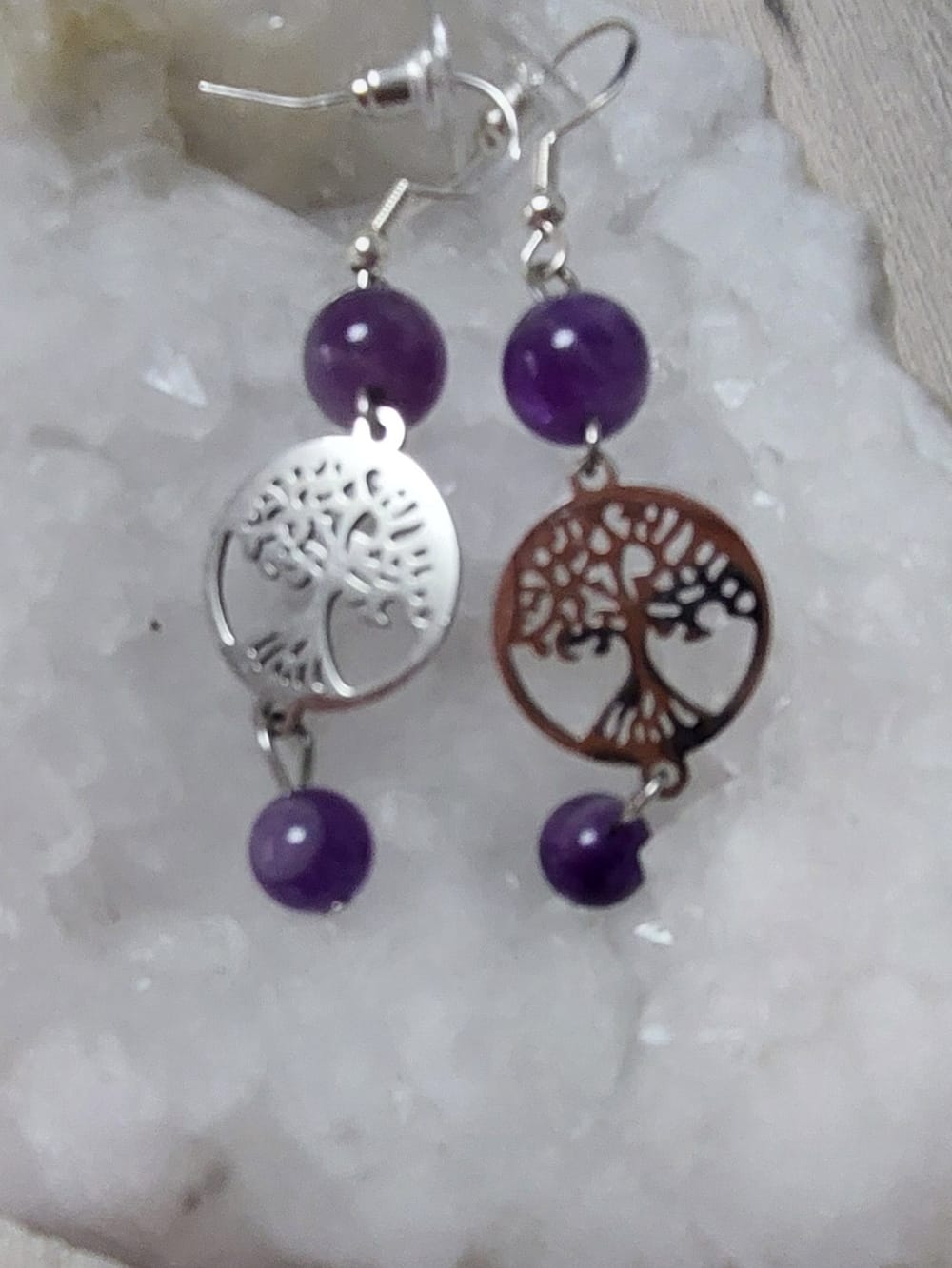 boucles d 'oreilles arbre de vie acier inoxydable doré améthyste boucles d 'oreilles arbre de vie acier inoxydable doré améthyste