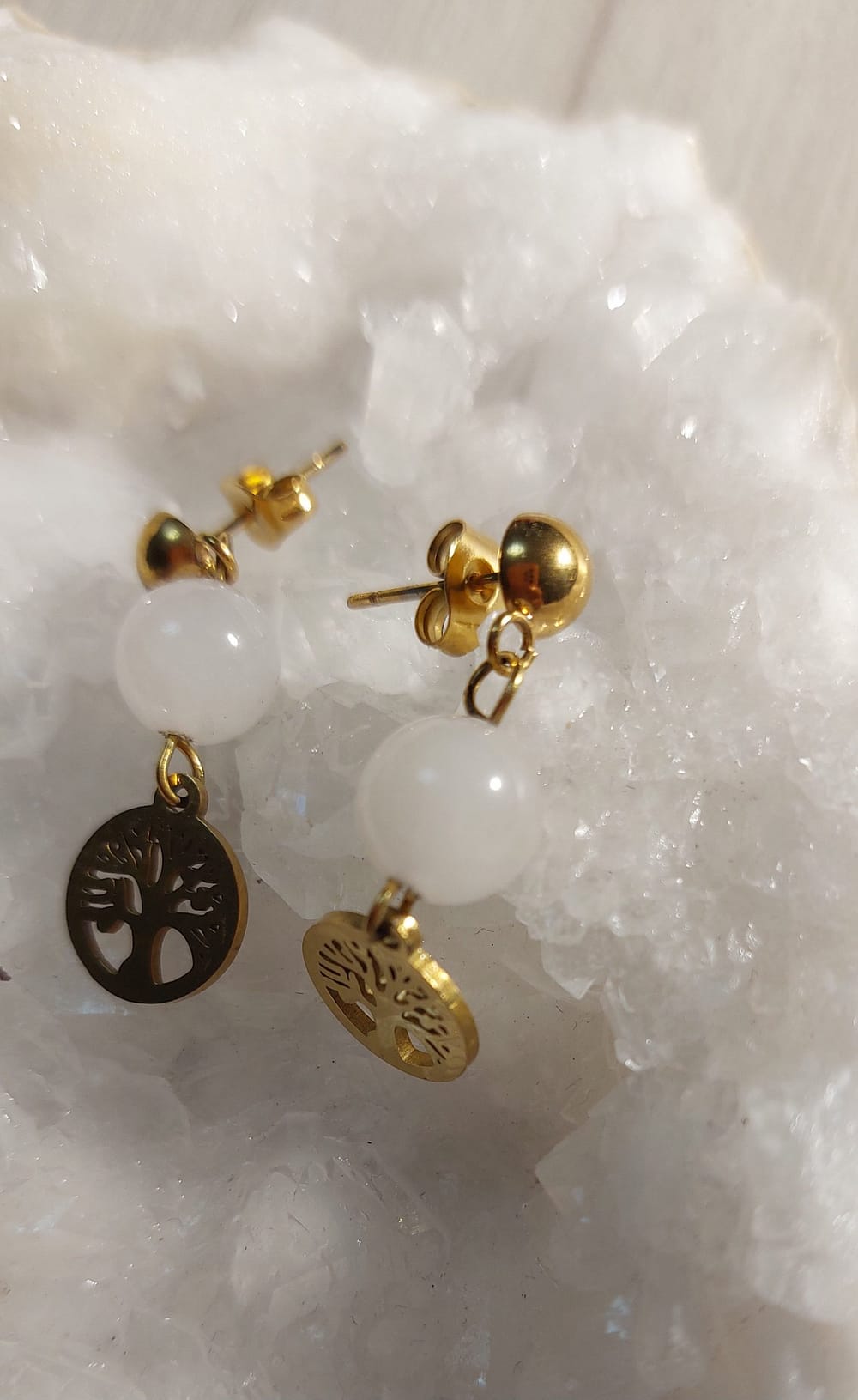 d'oreilles boucles d'oreilles arbre de vie et quartz rose