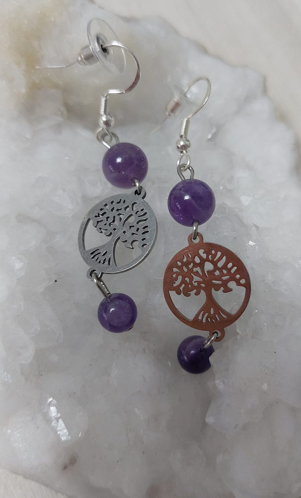 boucles d 'oreilles arbre de vie acier inoxydable doré améthyste boucles d 'oreilles arbre de vie acier inoxydable doré améthyste