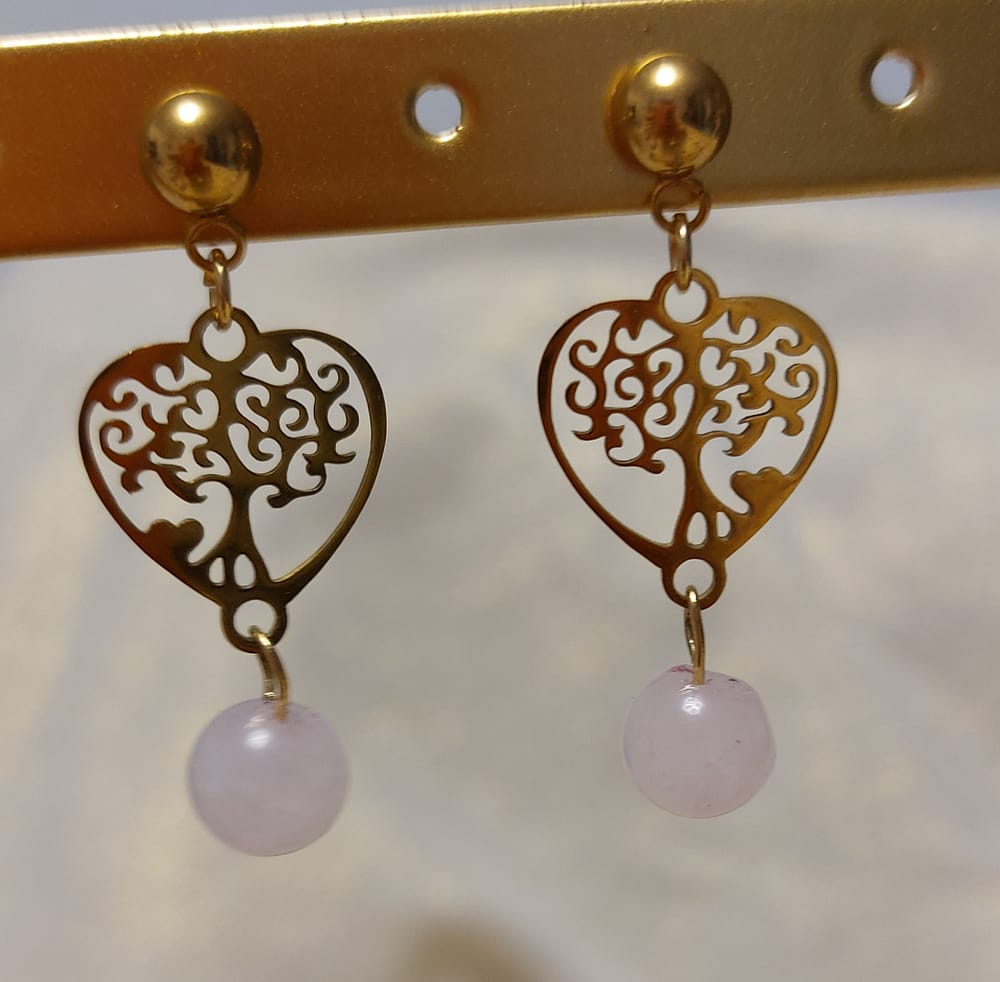 boucles d 'oreilles arbre de vie acier inoxydable doré quartz rose boucles d 'oreilles arbre de vie acier inoxydable doré quartz rose