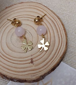 boucles d 'oreilles trèfle acier inoxydable doré quartz rose boucles d 'oreilles trèfle acier inoxydable doré quartz rose