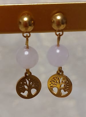 boucles d 'oreilles arbre de vie acier inoxydable doré quartz rose
